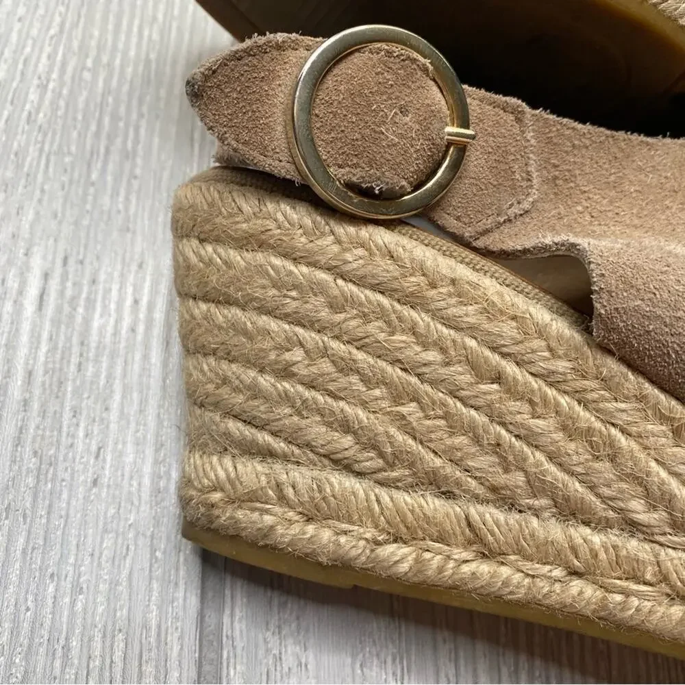 Kanna Tan Suede Leather Peep Toe Espadrille Wedges Size 7.5 EU 38